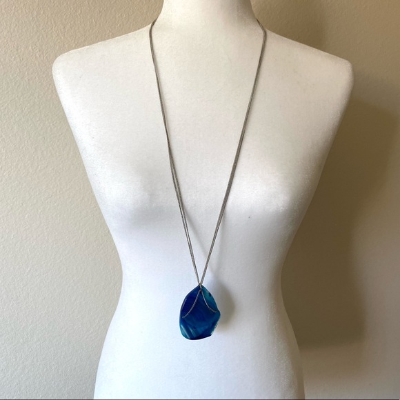 Boho Agate Long Chain Pendant Necklace, Blue - Picture 2 of 4